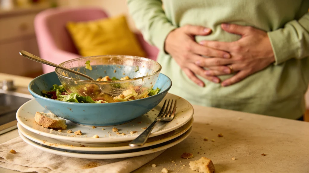A person holds their bloated stomach beside an empty salad bowl after a healthy meal.